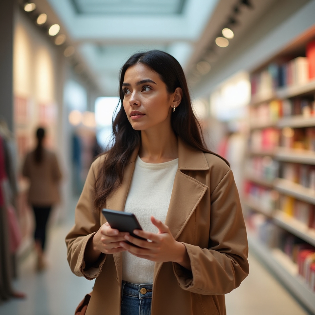 Person thoughtfully considering a purchase decision in a modern setting