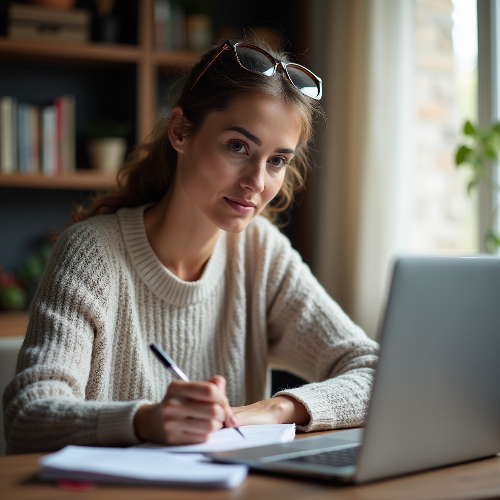 Woman in her 30s participating in an online webinar at home, taking notes, soft natural light from a window, focused expression
